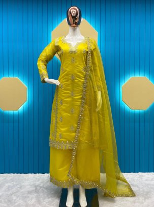 Bollywood Style Kiaara Silk Mirror Embroidered Yellow Suit for Ladies