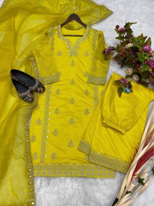 Bollywood Style Kiaara Silk Mirror Embroidered Yellow Suit for Ladies