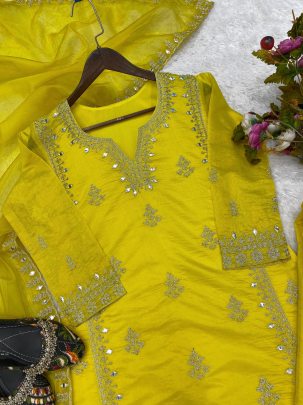 Bollywood Style Kiaara Silk Mirror Embroidered Yellow Suit for Ladies