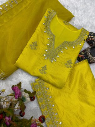 Bollywood Style Kiaara Silk Mirror Embroidered Yellow Suit for Ladies