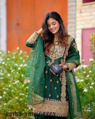 Bottle Green Chinon Silk Sequins Embroidery Work Top palazzo Dupatta Set