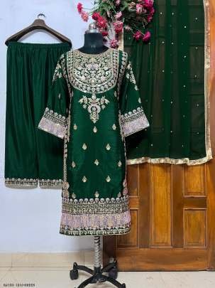 Bottle Green Chinon Silk Sequins Embroidery Work Top palazzo Dupatta Set