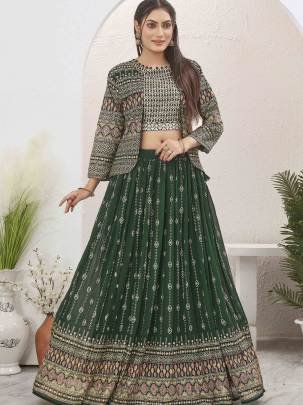 Bottle Green Georgette Readymade Lehenga With Jacket