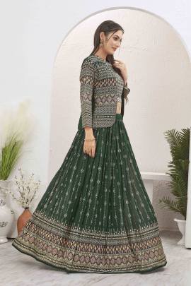 Bottle Green Georgette Readymade Lehenga With Jacket