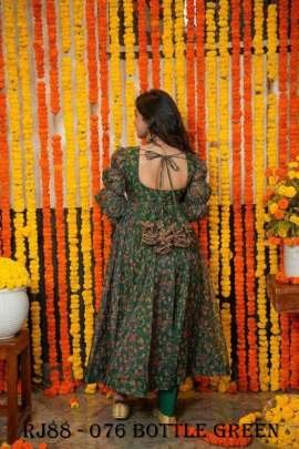 Bottle Green Tabby Organza Flower Print Gown Pant Dupatta Set