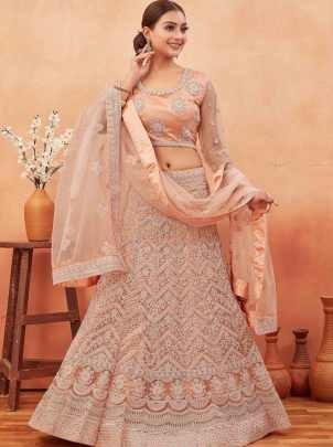 Bridal Peach Stone and Embroidered Work Net Lehenga choli