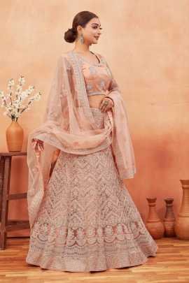 Bridal Peach Stone and Embroidered Work Net Lehenga choli