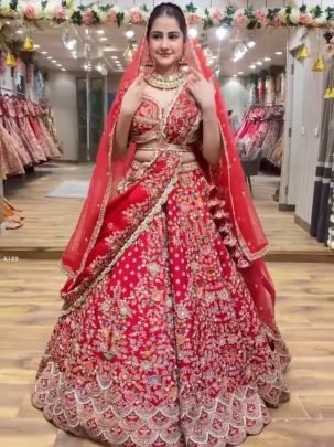 Bridal Red 4 Meter Flared Embroidery Sequins Work Lehenga-choli Set 