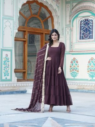 Brown Attractive Full Sleeve Designer Faux Georgette Gown