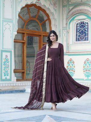 Brown Attractive Full Sleeve Designer Faux Georgette Gown