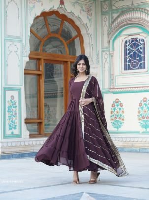 Brown Attractive Full Sleeve Designer Faux Georgette Gown