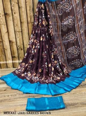 Brown Color Beautiful Chiffon Jari Sarees with Flower Print