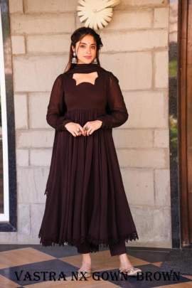 Brown Color Plain Georgette Gown Set With Fancy Latkan