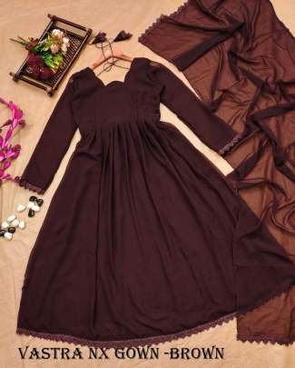 Brown Color Plain Georgette Gown Set With Fancy Latkan