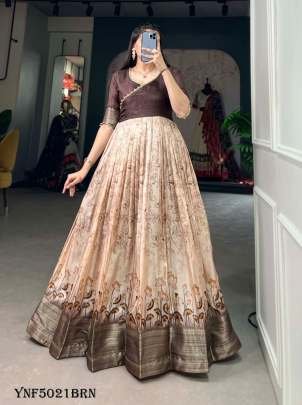 Brown Color Printed With Weaving Border Tussar Silk Dress