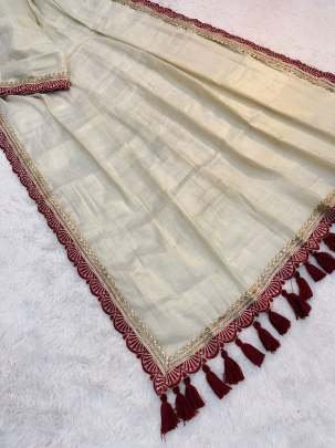 Brown Colour Soft Tissue Handmade Tasseles Saree