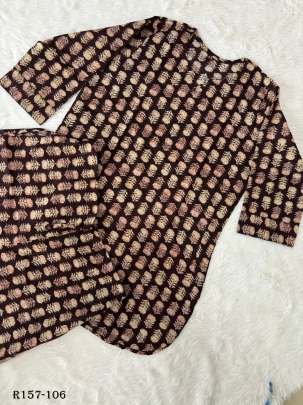 Brown Flower Printed Cotton Top And Pant Co ord Set