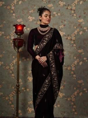 Brown Richest Look Sequence Work Pure Viscose Velvet Saree