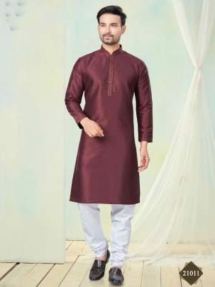 Brown Traditional Pure Silk Men Kurta Pajama