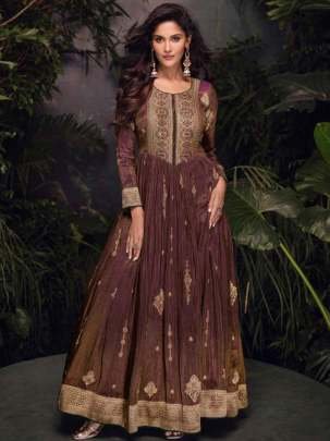 Brown Viscose Jacquard Silk Anarkali Suit