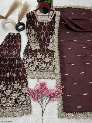 Brown Wedding Heavy Chinnon Silk Sharara Suits