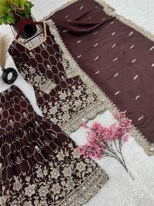 Brown Wedding Heavy Chinnon Silk Sharara Suits