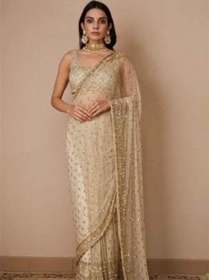 Butterfly Soft Net Sequence Work White Saree