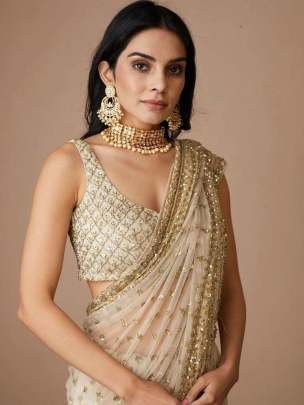 Butterfly Soft Net Sequence Work White Saree
