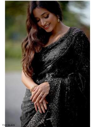 Buy Black Soft Net With Embroidery Work Saree