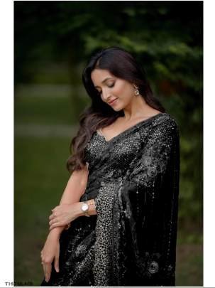 Buy Black Soft Net With Embroidery Work Saree