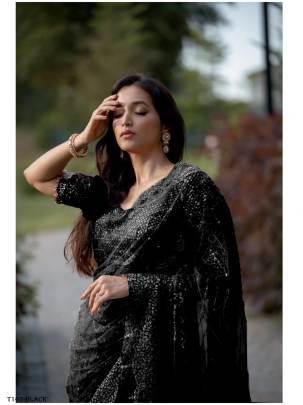 Buy Black Soft Net With Embroidery Work Saree