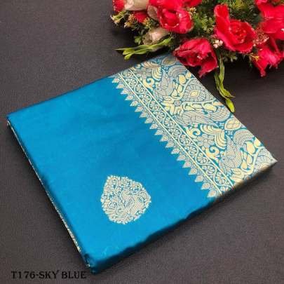 Buy Indian Sky Blue Soft Lichi Slik Banarasi Saree