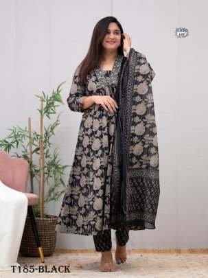 Buy Indian Wear Black Pure Cotton Kurti Pant Dupatta Set
