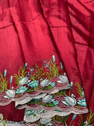 Buy Red Embroidery Work Tussar Silk Saree