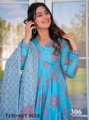 Buy Sky Blue Pure Muslin With Kurti Pant Dupatta Set