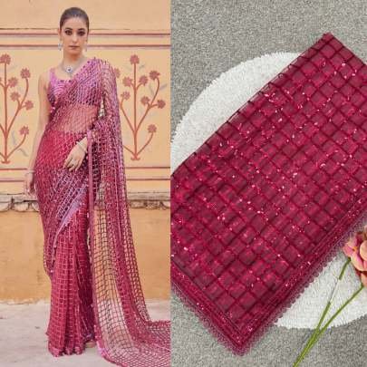 Cherry Red 5 mm Sequins Embroidery Work Bollywood Saree