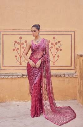 Cherry Red 5 mm Sequins Embroidery Work Bollywood Saree