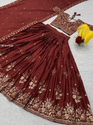 Chinon Brwonish Red Sequence Lehenga Choli Set