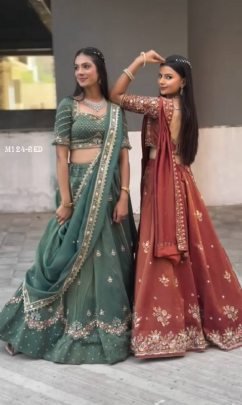 Chinon Brwonish Red Sequence Lehenga Choli Set