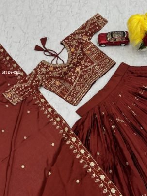 Chinon Brwonish Red Sequence Lehenga Choli Set