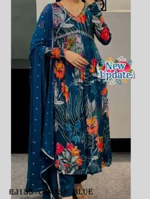 Classic Blue Flower Print Alia Cut Gown pant With Dupatta