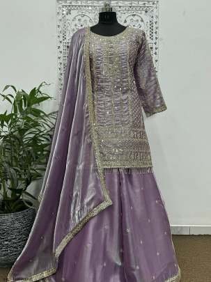 Classic Designs  Embroidery Sequins Purple Top Palazzo With Dupatta Set