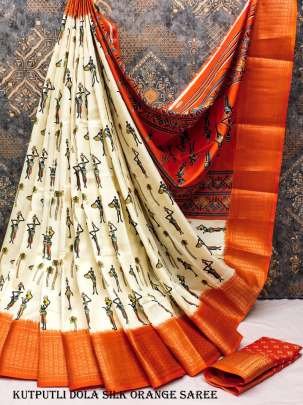 Classic Dola Silk Orange Saree With Kutputli Print