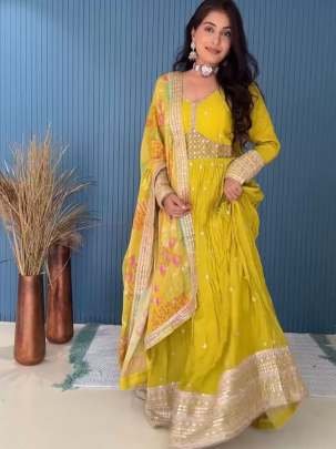 Classic Pure Chinon Silk Haldi Special Yellow Designer Gown Pant Dupatta