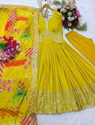 Classic Pure Chinon Silk Haldi Special Yellow Designer Gown Pant Dupatta