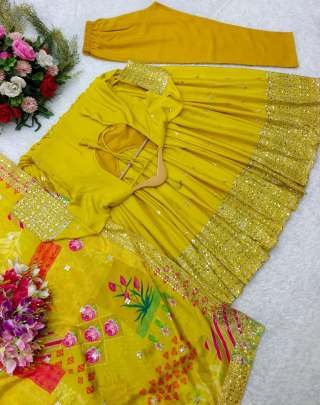 Classic Pure Chinon Silk Haldi Special Yellow Designer Gown Pant Dupatta