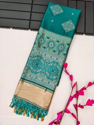 Classic Rama Soft Ajrakh Silk weaving Saree with beautiful Lagdi Patta Work