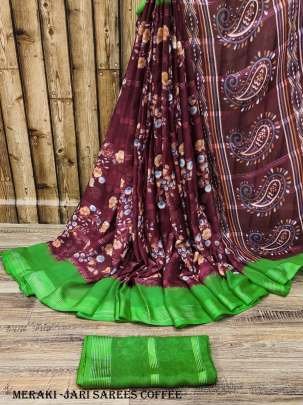 Coffee Color Beautiful Chiffon Jari Sarees with Flower Print