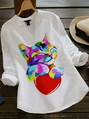 Colorful Cat Digital Print Rayon White Ladies Top