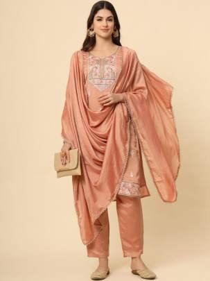 Coral Orange Colour Soft Silk Embroidery Work Kurti Pant With Dupatta